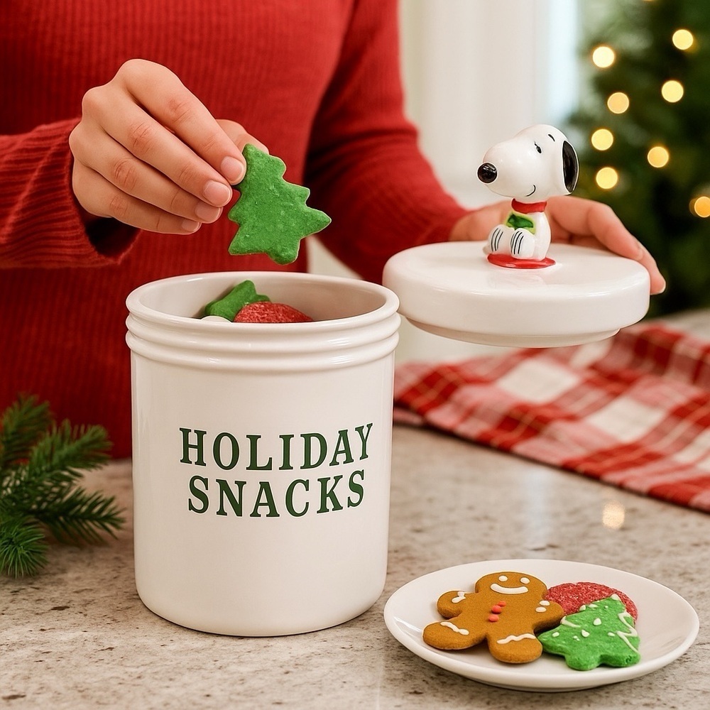 Rae Dunn Peanuts Holiday Snacks Storage Canister with Snoopy Topper - Picture 2 of 6